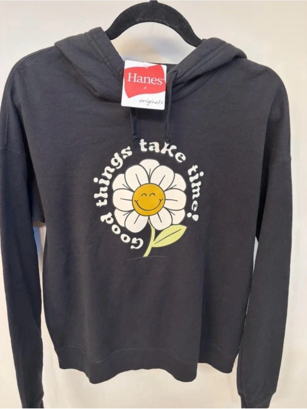 Hanes Black Hoodie with Smiley Daisy Graphic